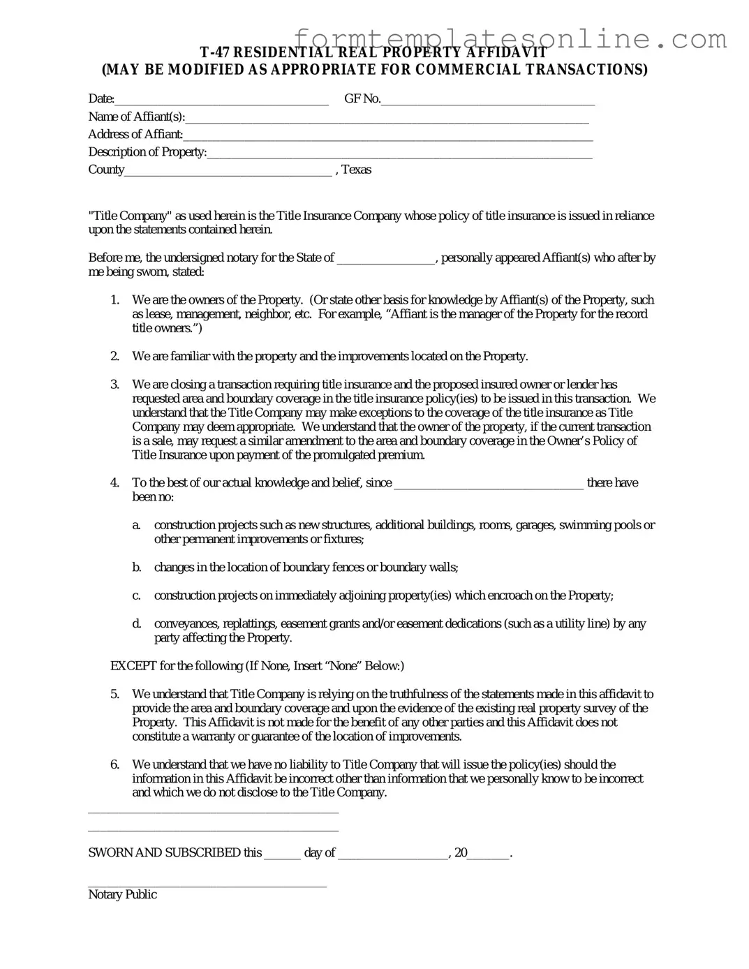 Texas residential property affidavit T-47 PDF Form