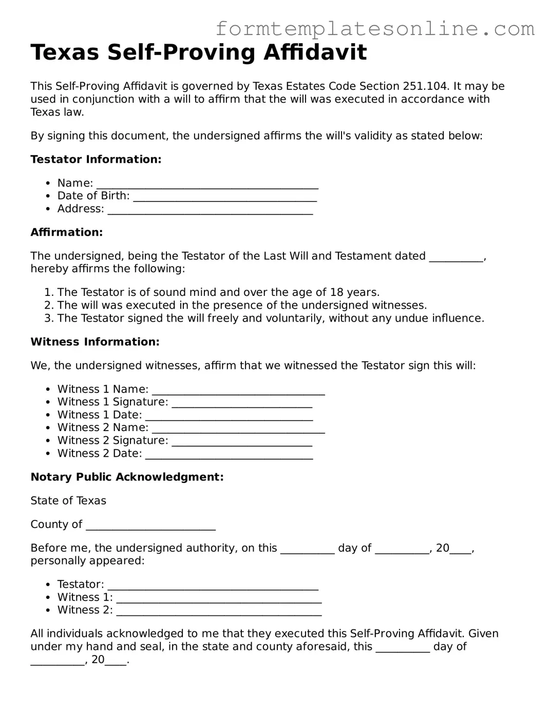 Valid  Self-Proving Affidavit Form for Texas