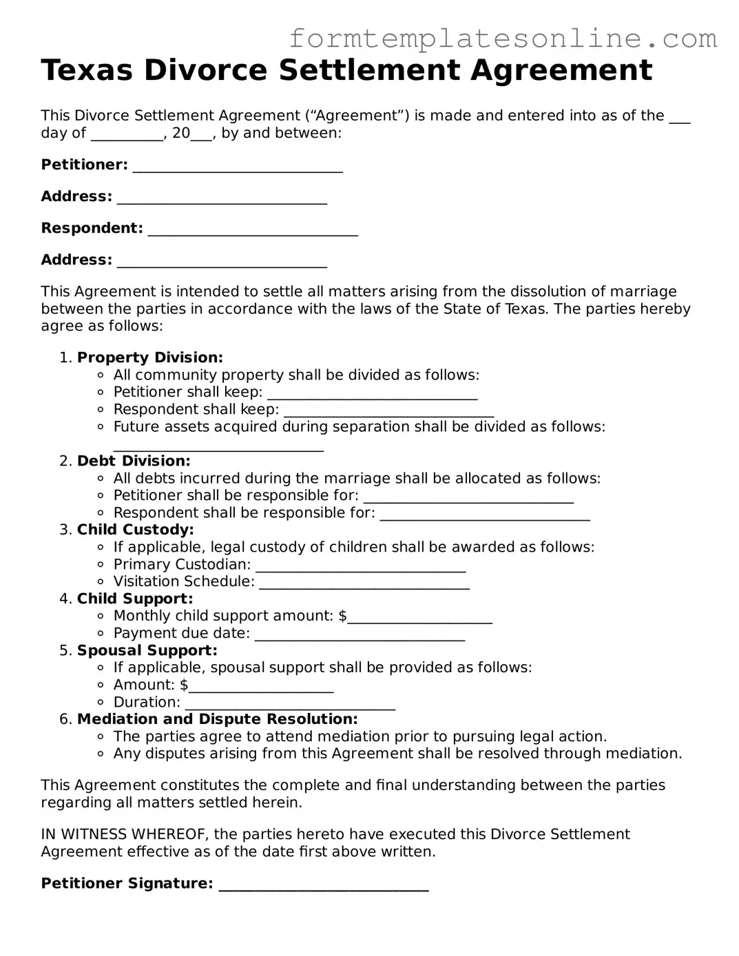 Valid  Divorce Settlement Agreement Form for Texas