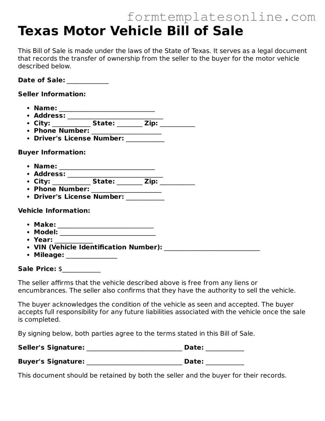 Valid  Motor Vehicle Bill of Sale Form for Texas