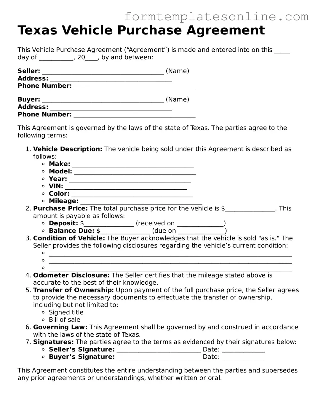 Valid  Vehicle Purchase Agreement Form for Texas
