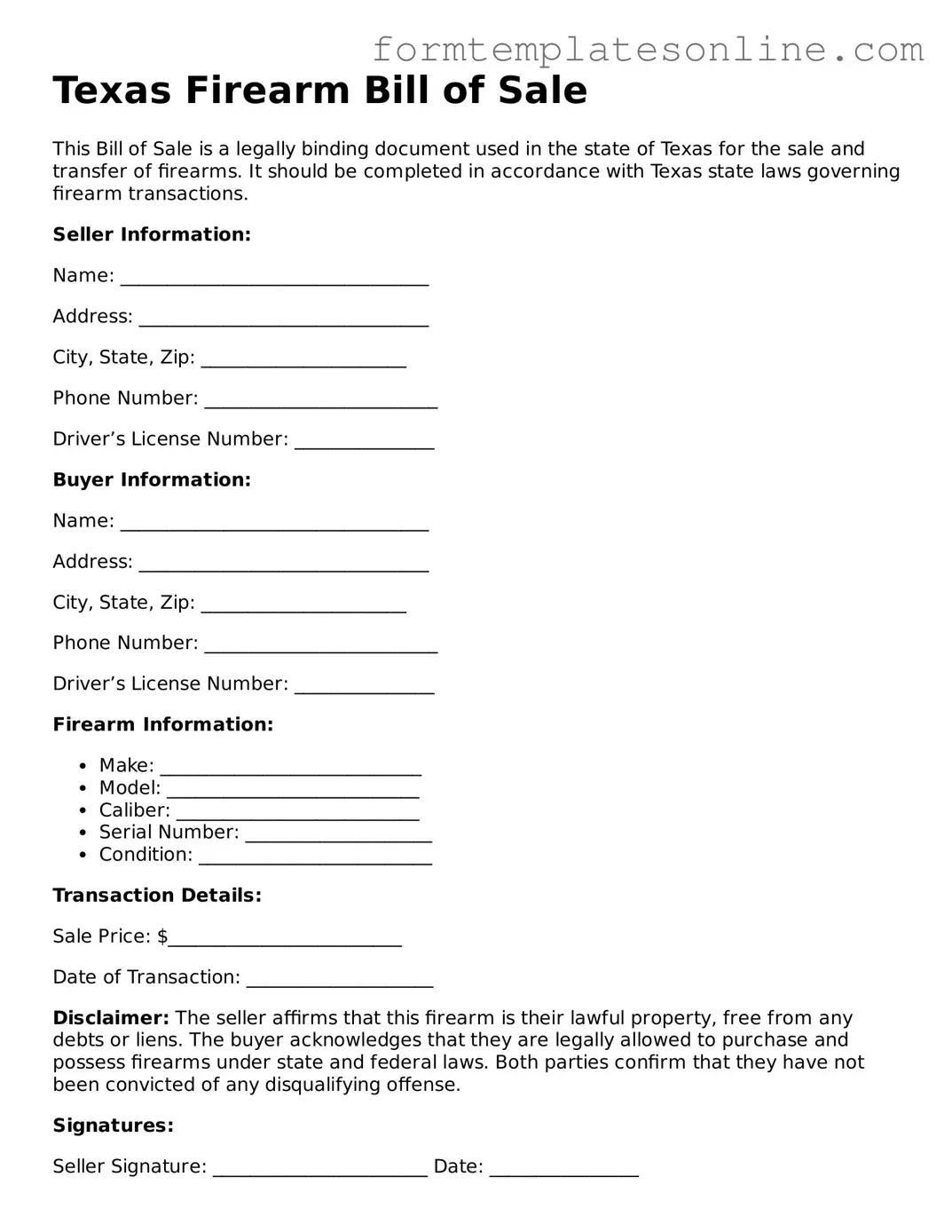 Valid  Firearm Bill of Sale Form for Texas