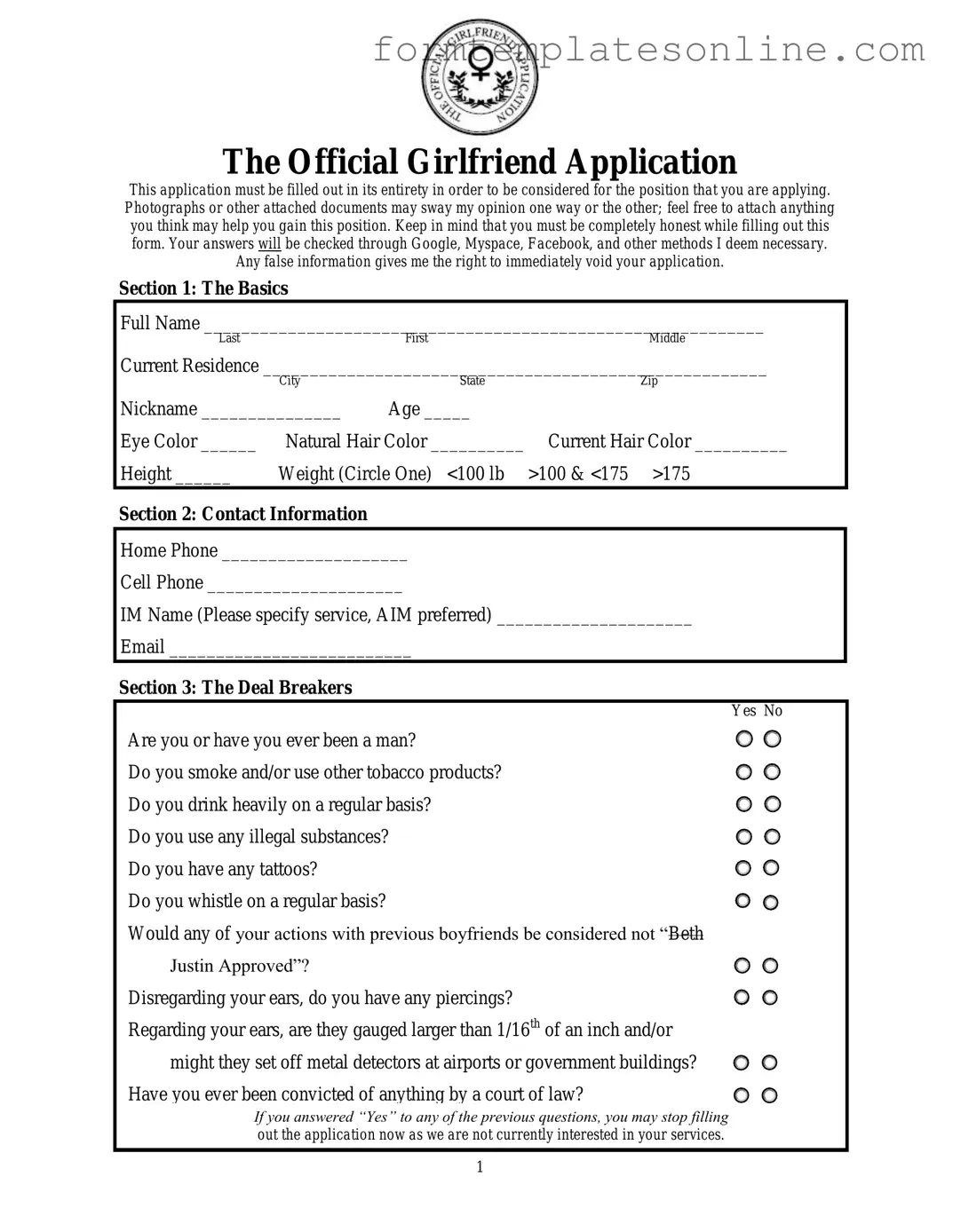 Girlfriend Application PDF Form