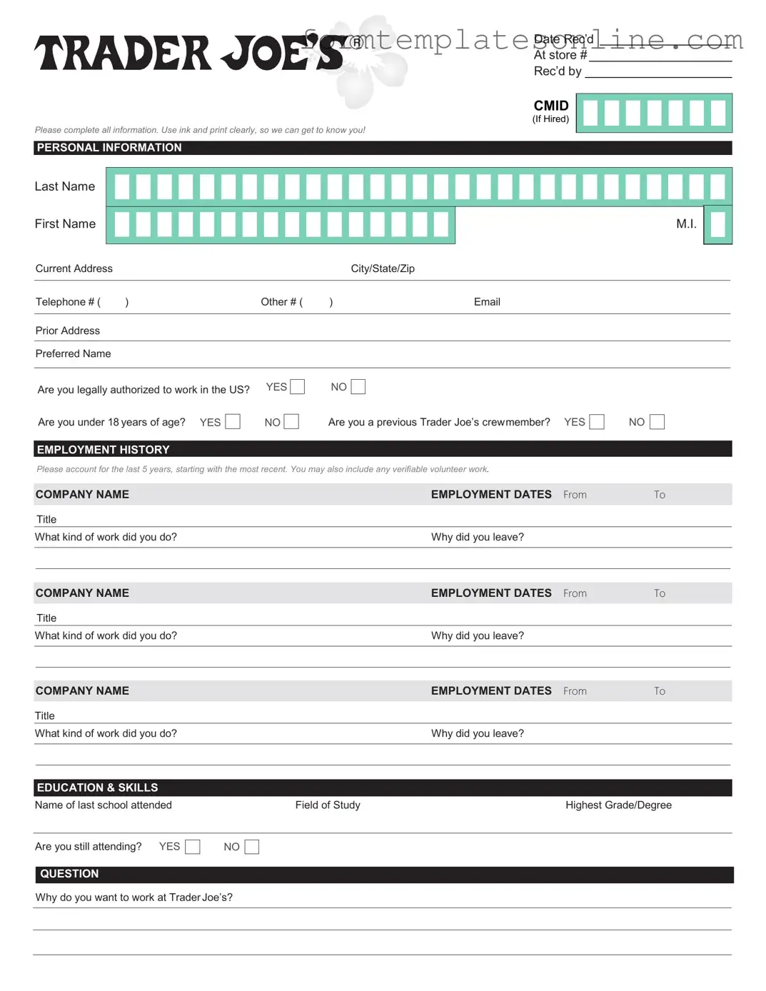 Trader Joe's application PDF Form
