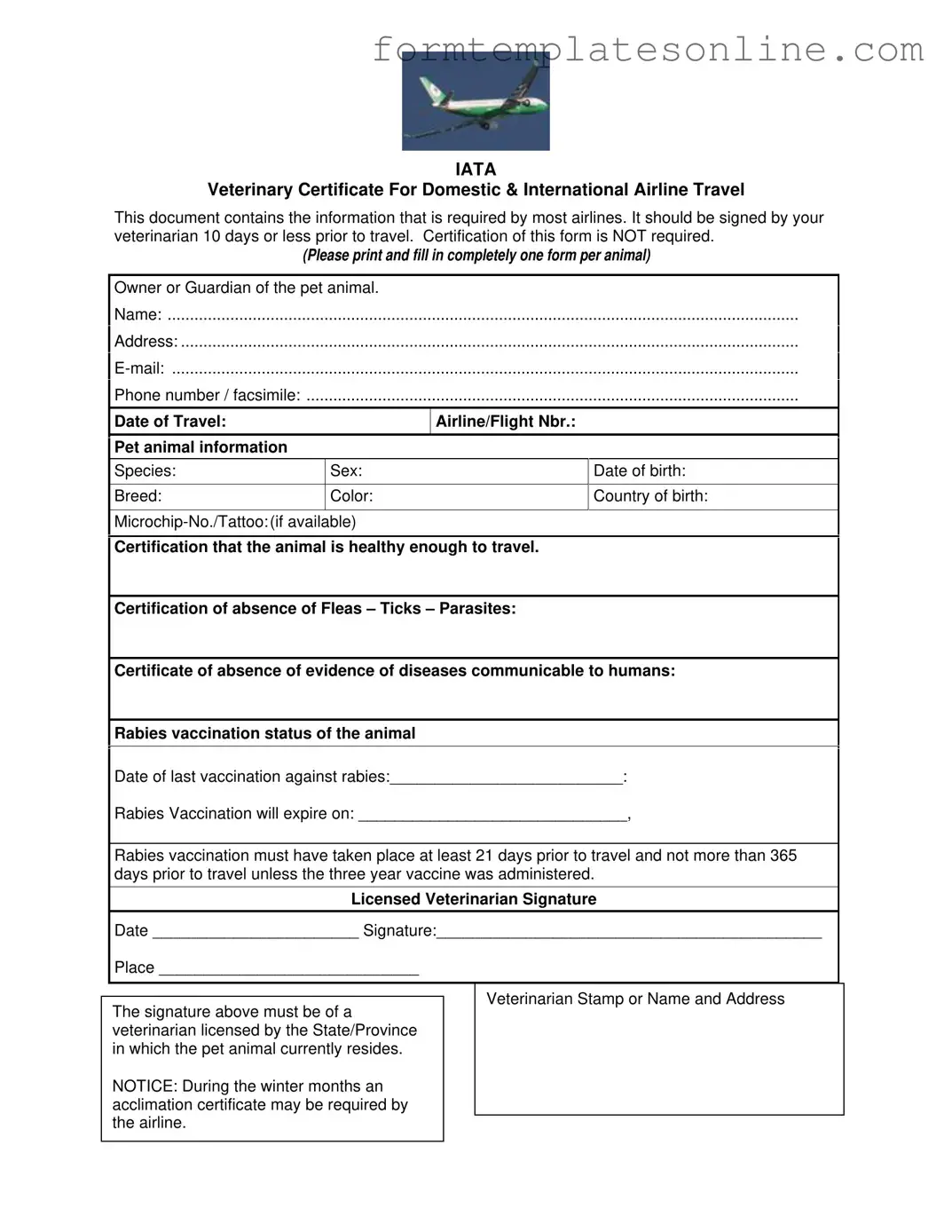 Veterinary Certificate Travel PDF Form